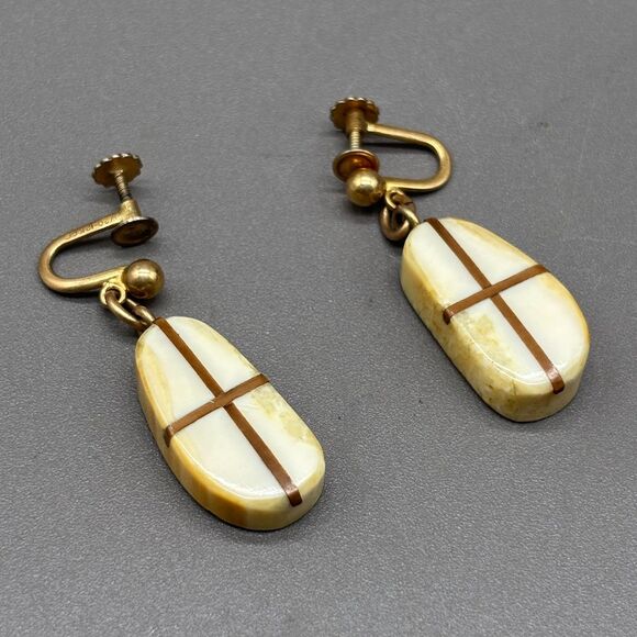 Vintage Natural Bone Earrings Copper Inlay 12K GF Screw Back 60s Alaska Native - Picture 1 of 6